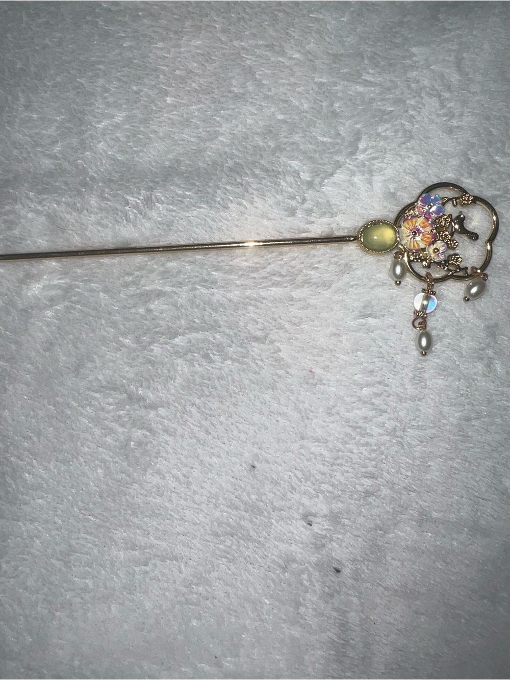 Gold-Tone Floral Hair Stick with Pale Yellow Stone and Pearl Drops